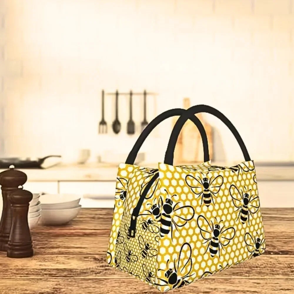 Bee Theme Honeycomb Pattern Insulated  Lunch Bag - Reusable Cooler Tote